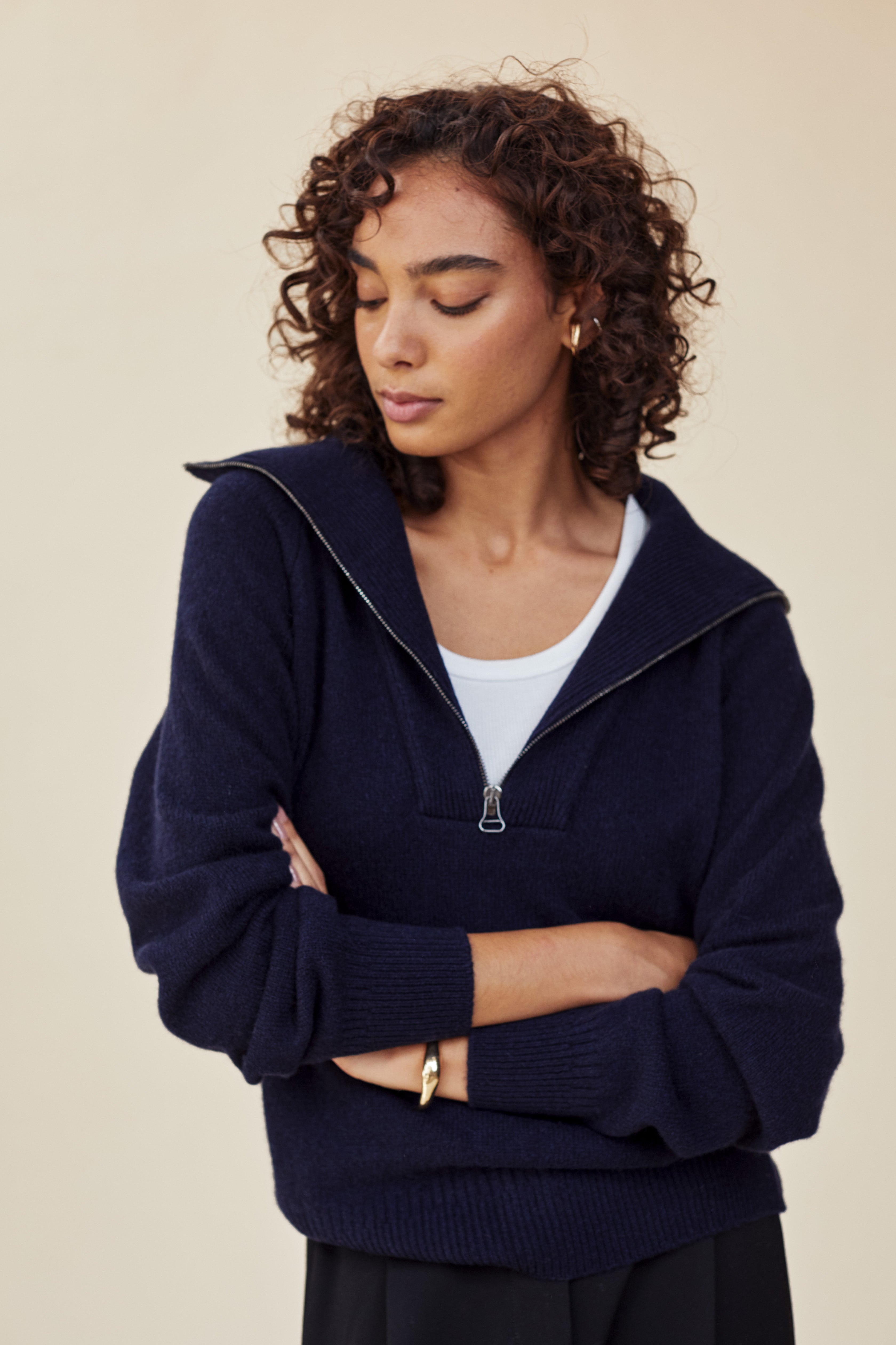 Women's zip neck sweater Cashmere Dark Navy