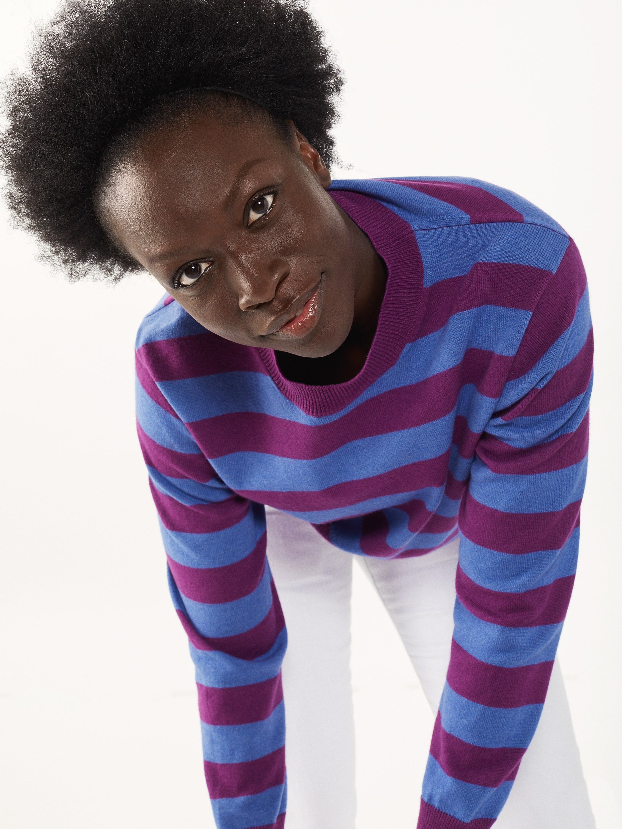 Women's striped sweater in recycled Cashmere and Magenta cotton