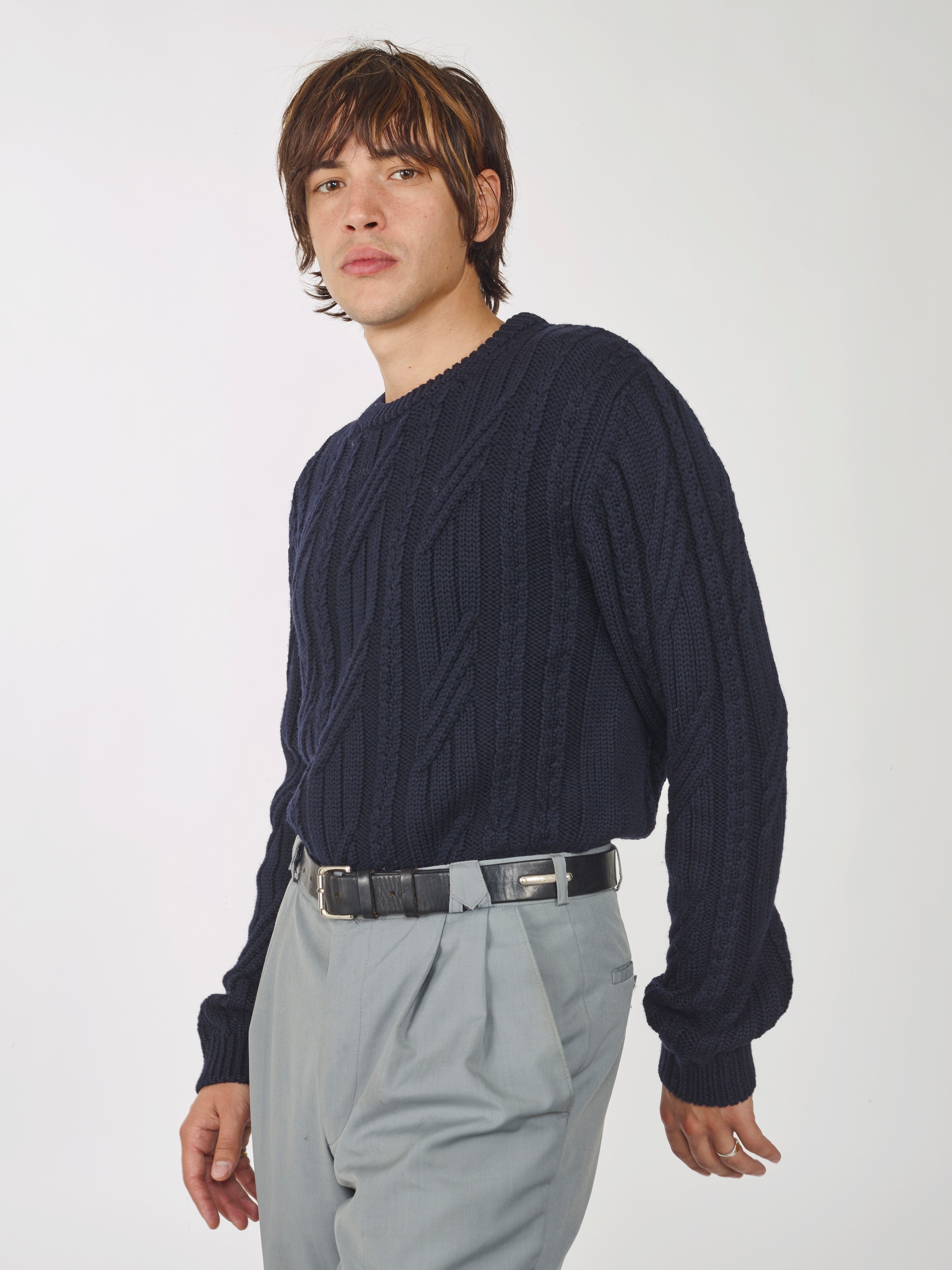 Men's Dark Navy Organic Wool Cable Knit