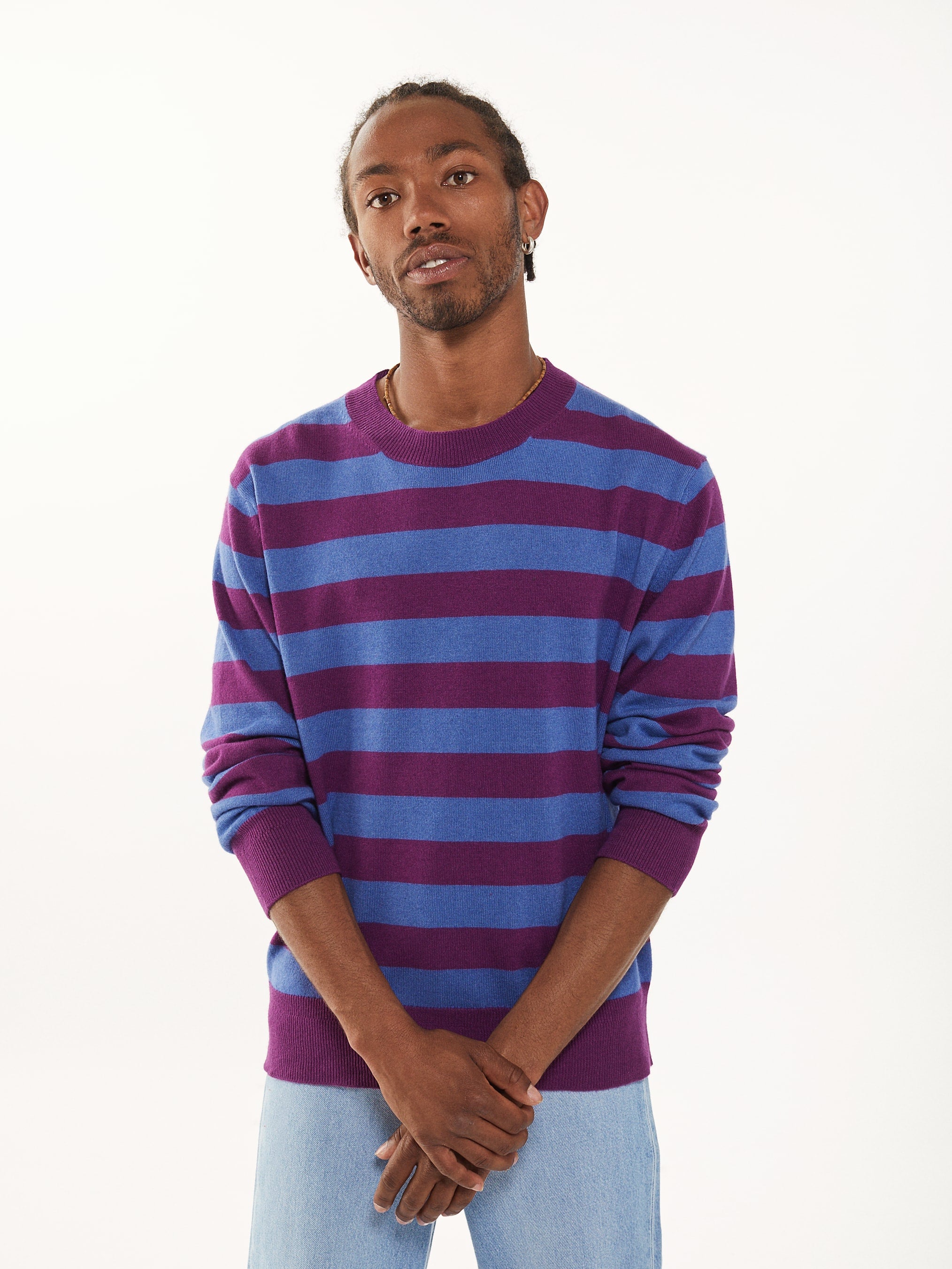 Men's striped sweater in recycled Cashmere and Magenta cotton