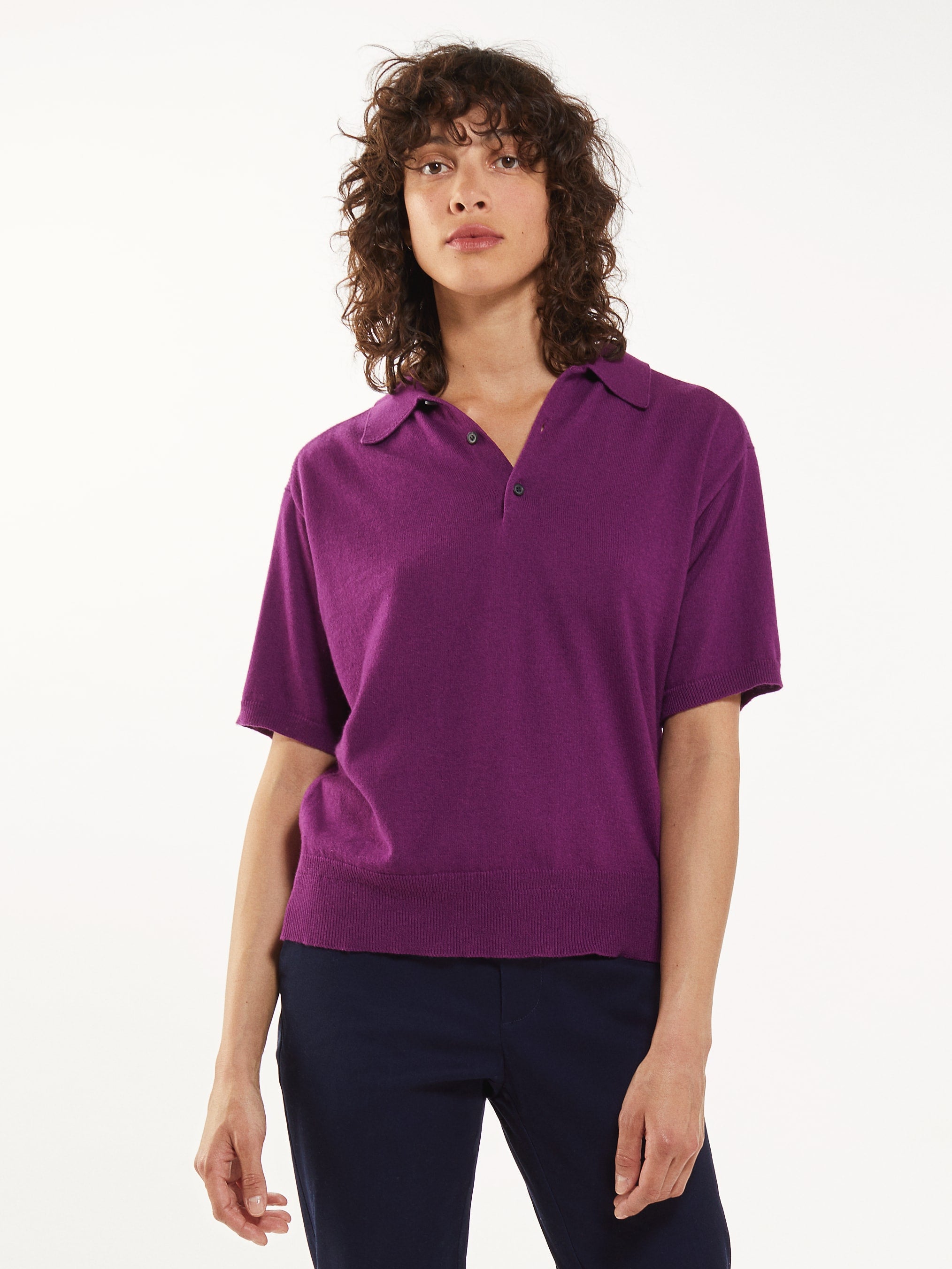 Women's polo shirt in recycled Cashmere and Magenta cotton