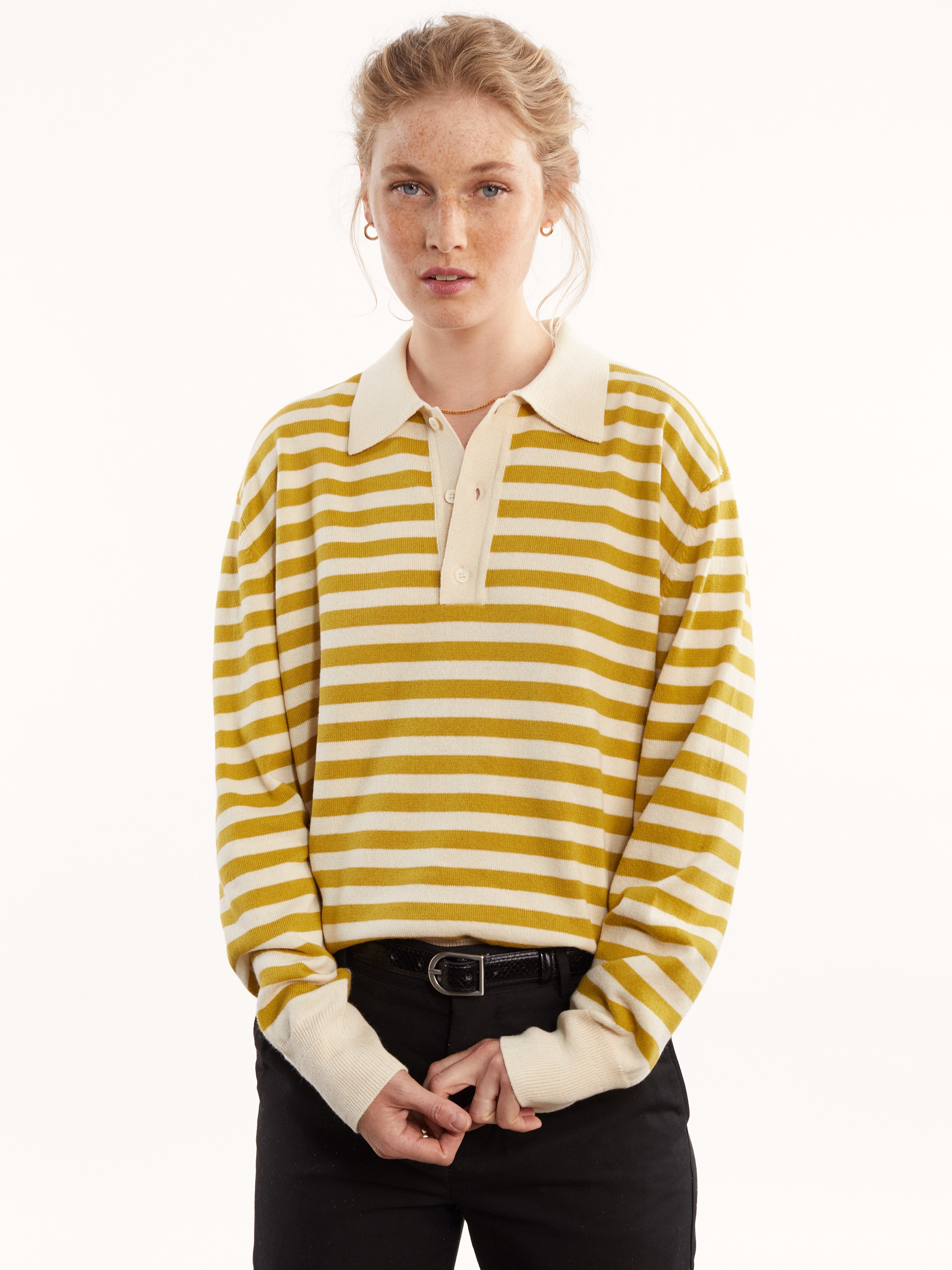 Women's yellow striped polo shirt made of recycled Cashmere and cotton