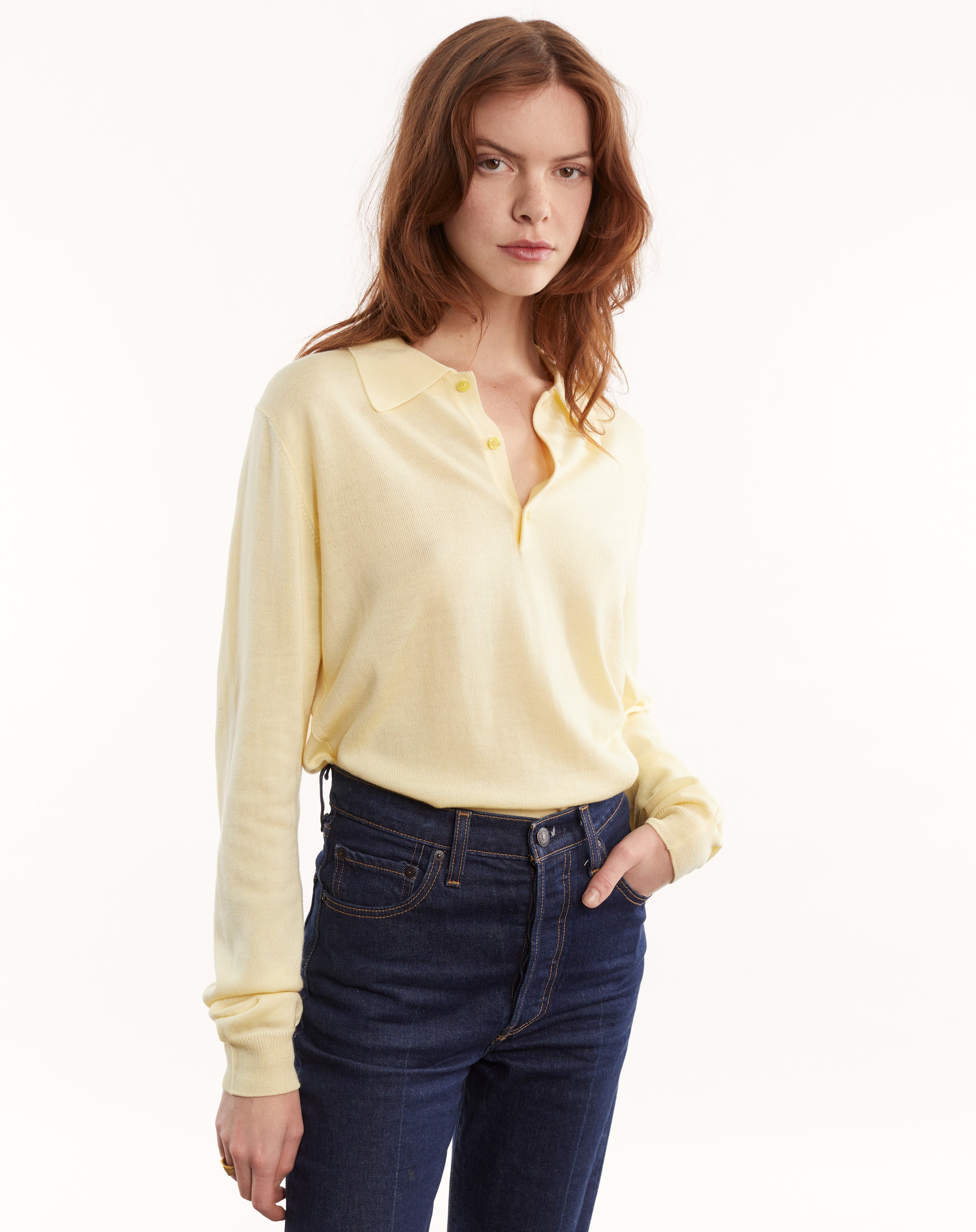 Women's yellow extra-fine wool polo shirt
