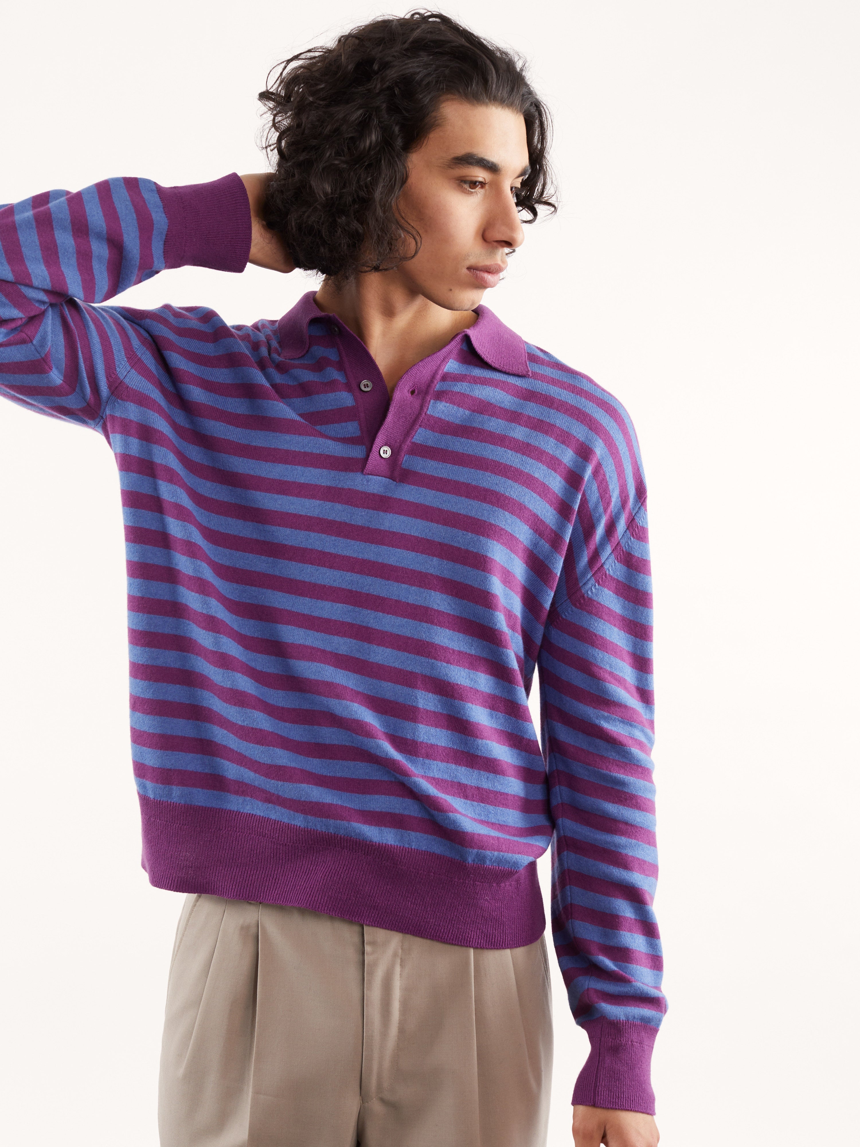 Men's striped polo shirt in recycled Cashmere and Magenta cotton