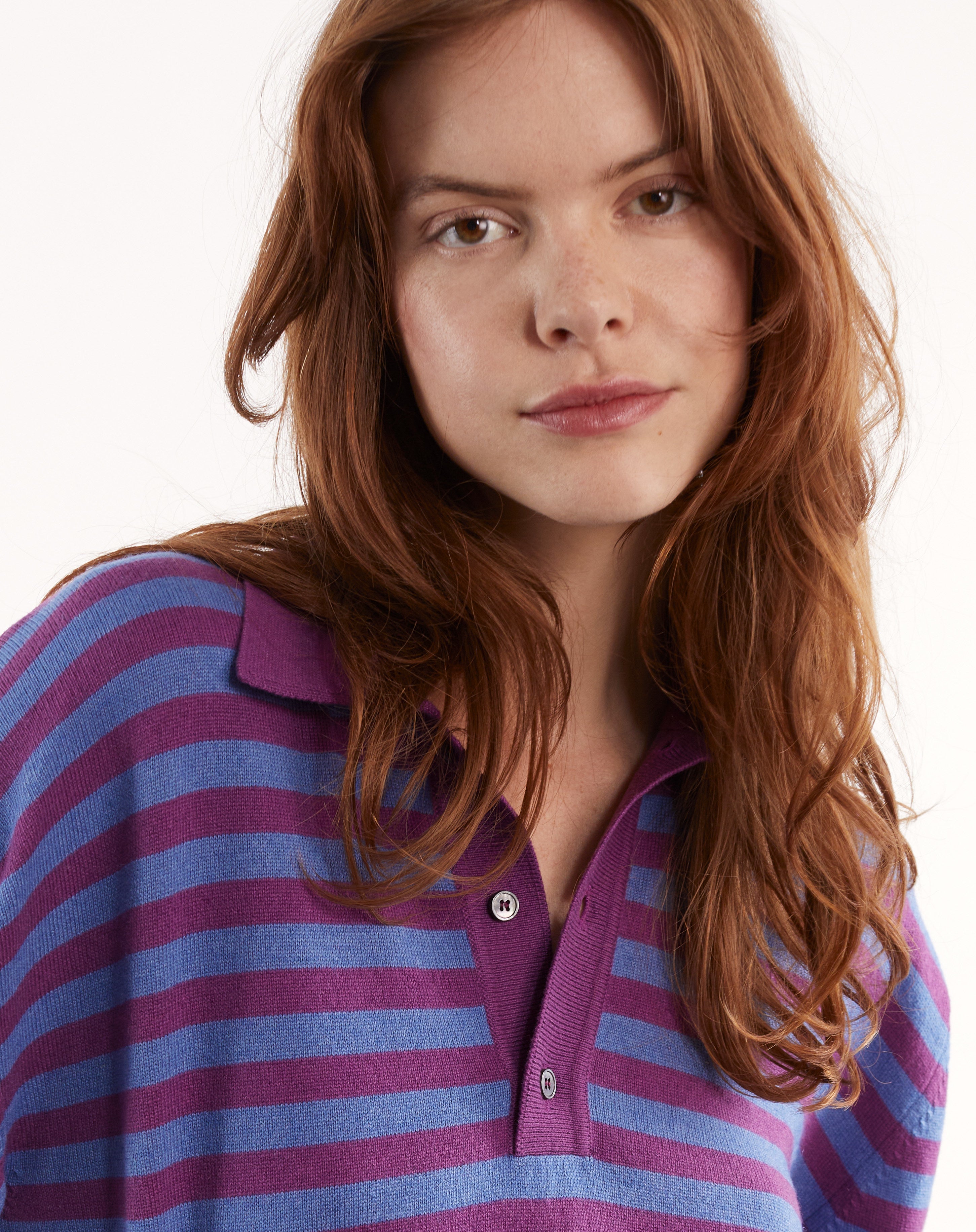 Women's Magenta Recycled Cashmere & Cotton Striped Polo