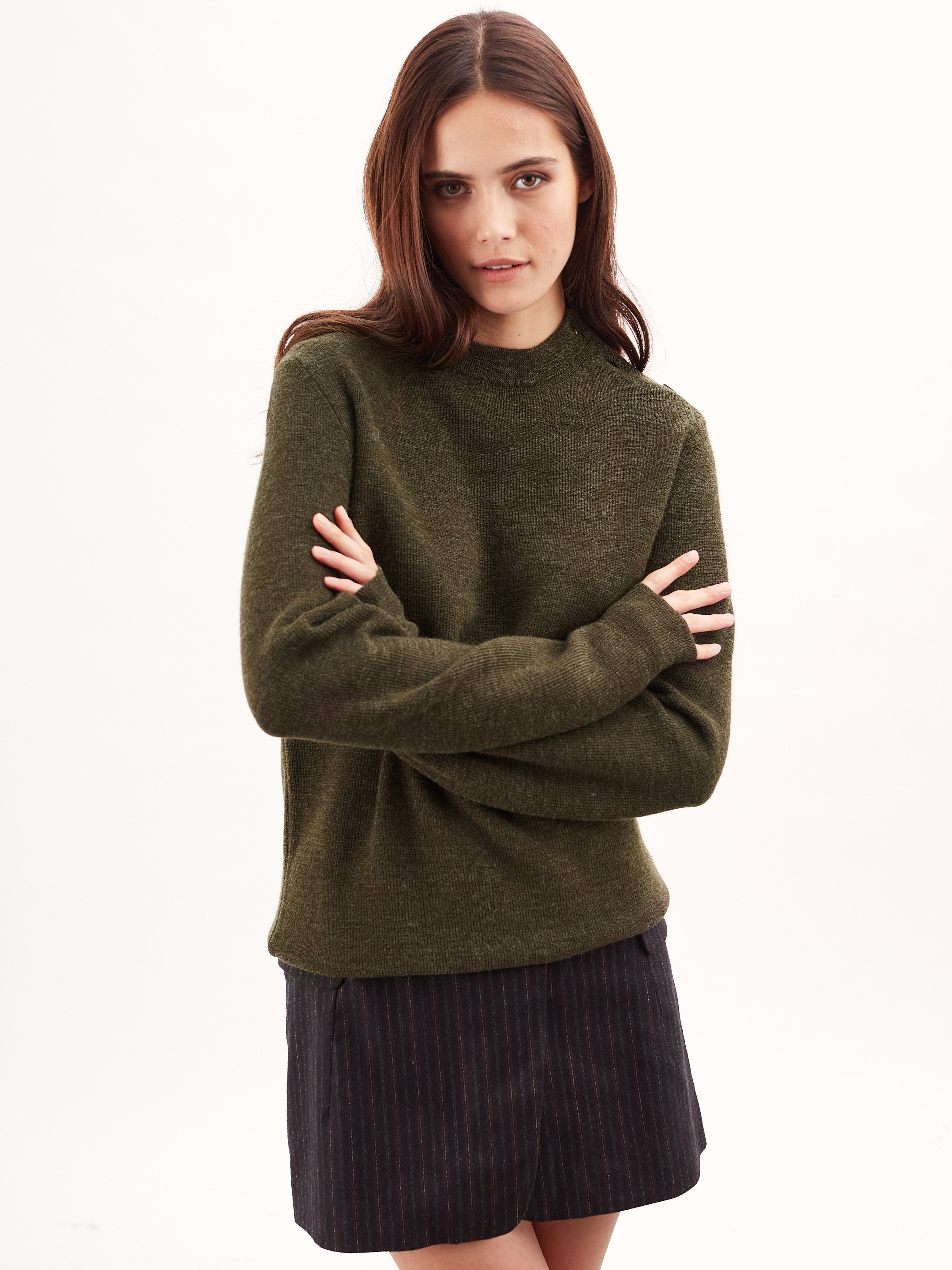 Women's organic wool button-down sweater in khaki